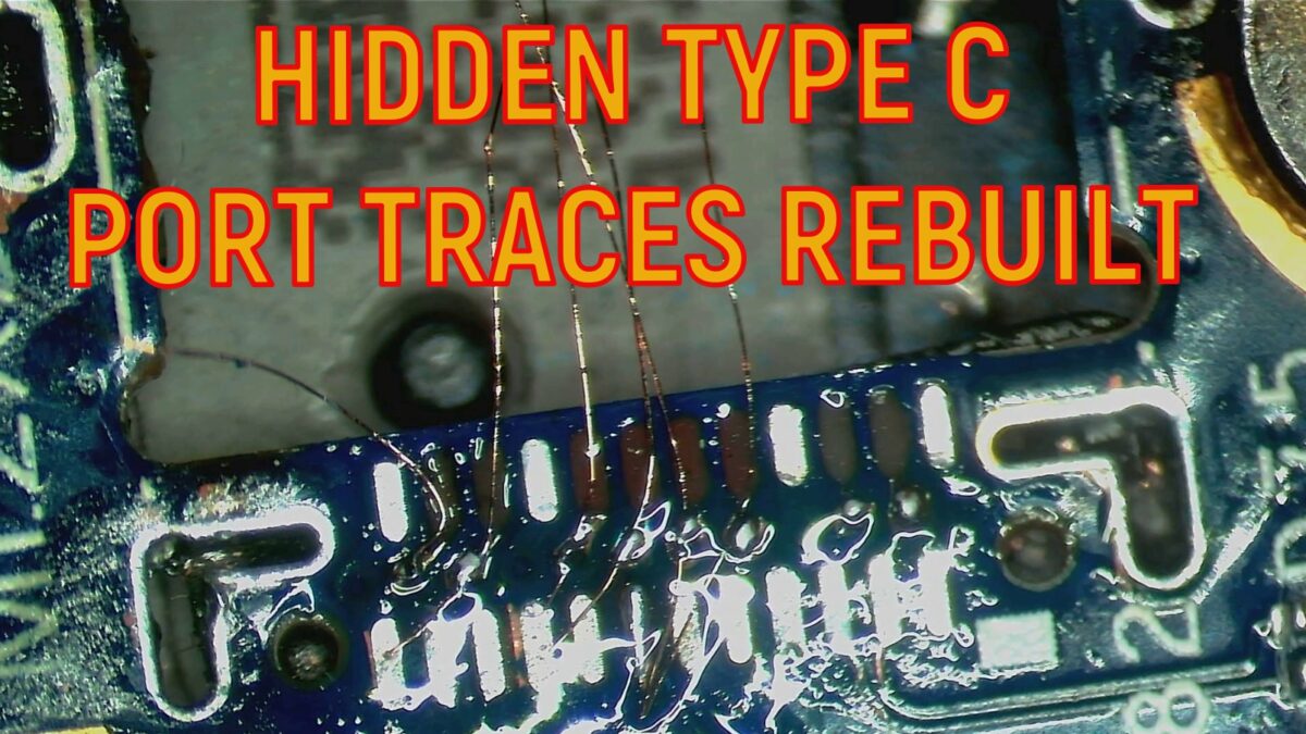 Dell XPS laptop motherboard repair showing damaged USB-C charging ports, broken PCB pads, hidden motherboard trace reconstruction, and advanced micro-soldering repair using 0.04mm jumper wire at Tech Engineers Hamilton New Zealand.