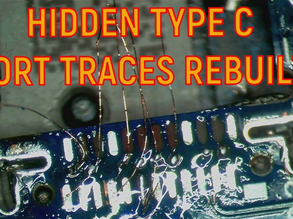 Dell XPS laptop motherboard repair showing damaged USB-C charging ports, broken PCB pads, hidden motherboard trace reconstruction, and advanced micro-soldering repair using 0.04mm jumper wire at Tech Engineers Hamilton New Zealand.