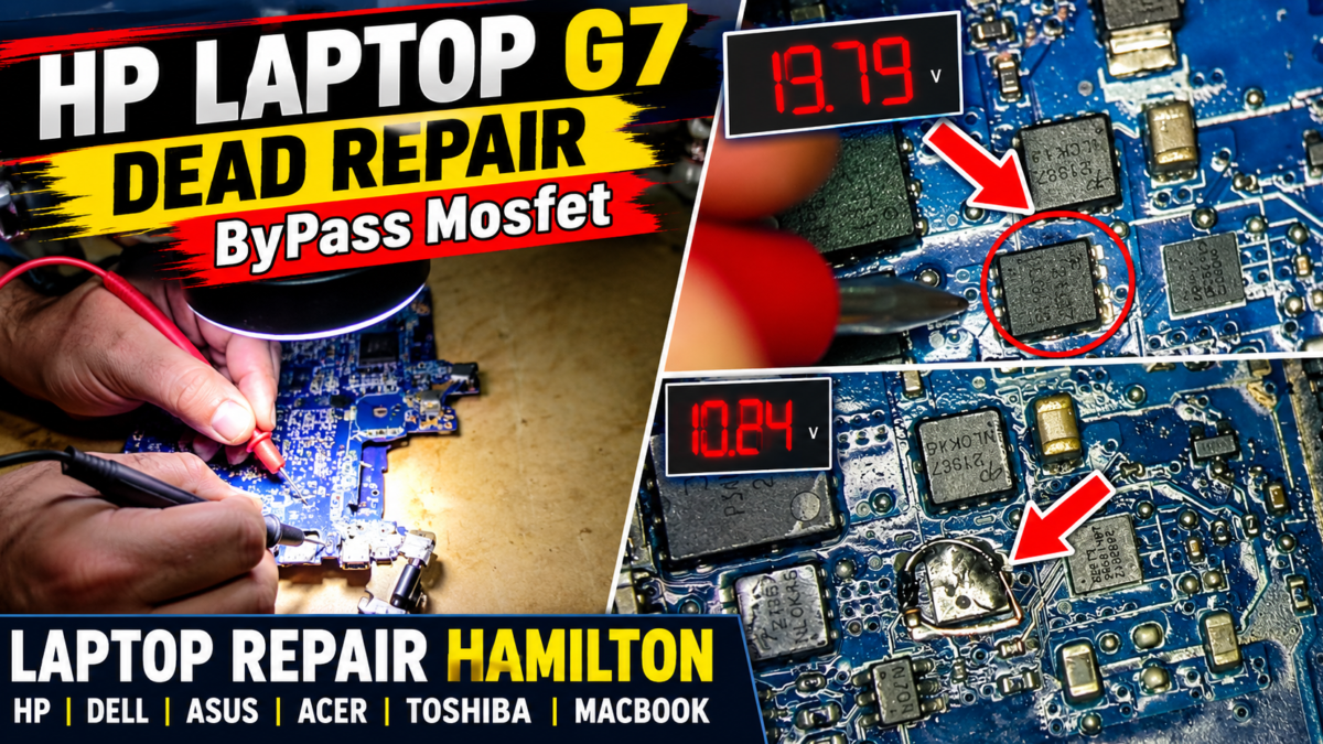 HP ProBook 430 G7 laptop motherboard power circuit being diagnosed during a professional laptop repair in Hamilton, Waikato, New Zealand, with MOSFET and component-level fault testing.