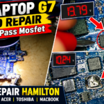 HP ProBook 430 G7 laptop motherboard power circuit being diagnosed during a professional laptop repair in Hamilton, Waikato, New Zealand, with MOSFET and component-level fault testing.