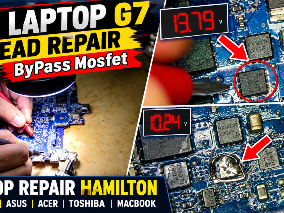 HP ProBook 430 G7 laptop motherboard power circuit being diagnosed during a professional laptop repair in Hamilton, Waikato, New Zealand, with MOSFET and component-level fault testing.